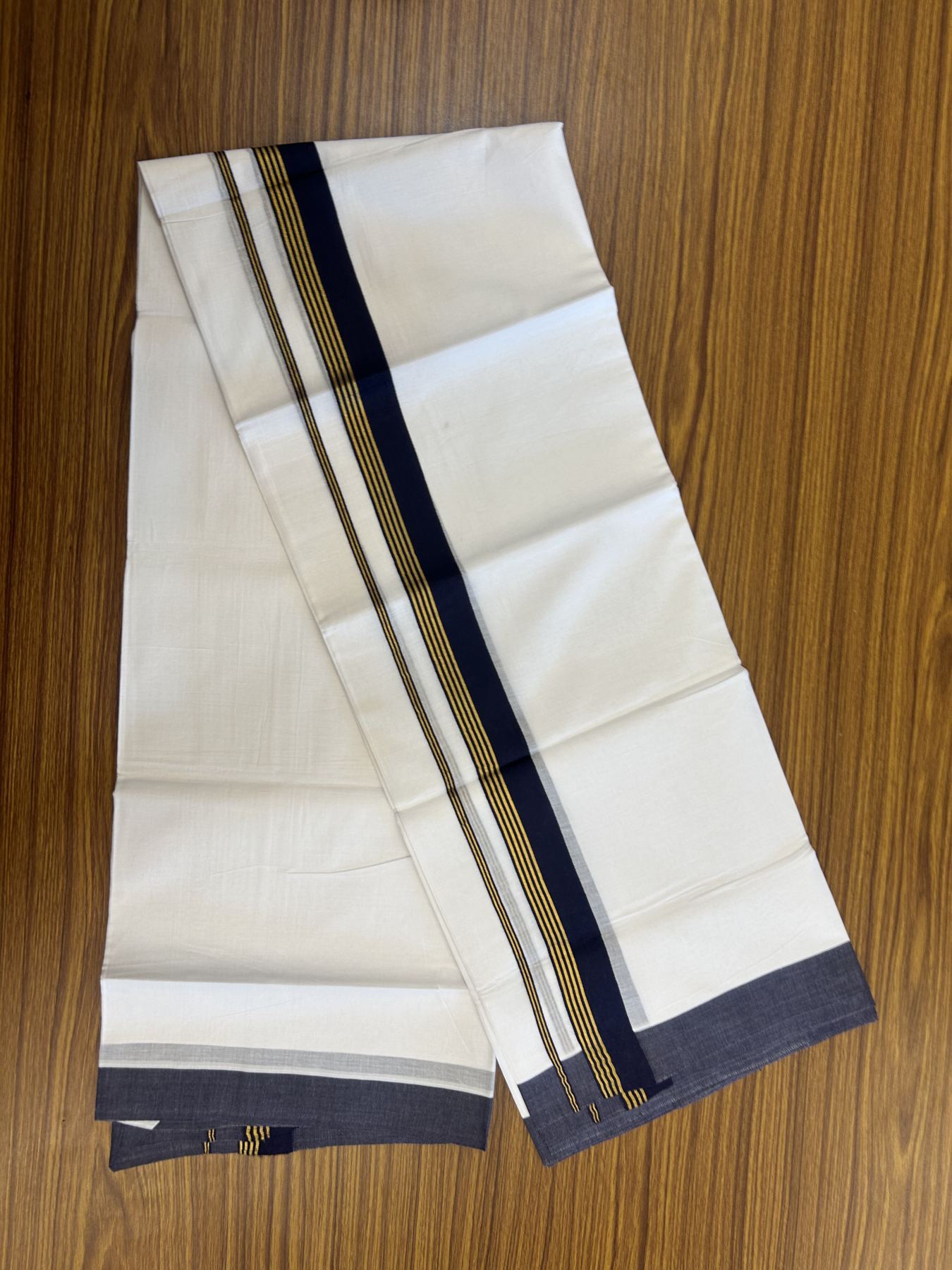 20% Discount! KaithariKada Balaramapuram 100% Cotton Double Pure white Mundu/Dhoti- 100x80 - 1.25 inch Gold Kasav & Navy Blue Stripes kara 3.75 mtr ( 8 muzham) - 35 KK5315 VAS