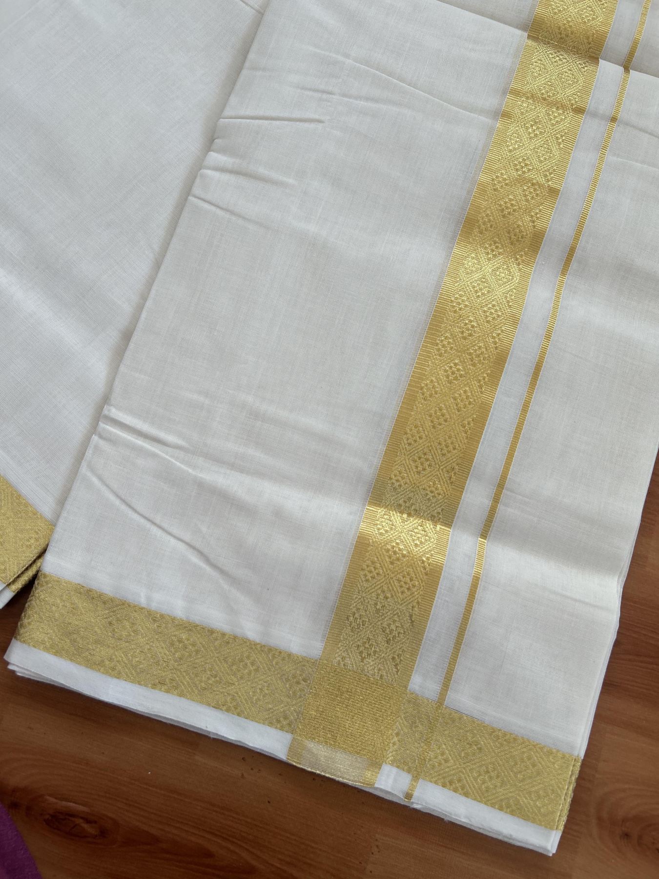 25% Discount ! KaithariKada Kerala Handloom Millpaav  - 100% Pure Cotton Off White- (Unbleached) Double Mundu/Dhoti - 80x90 - 1.5 inch Gold Kasav Jacquard Design Kara 4 mtr (8.5 Muzham) - 40 KK5383 RAM