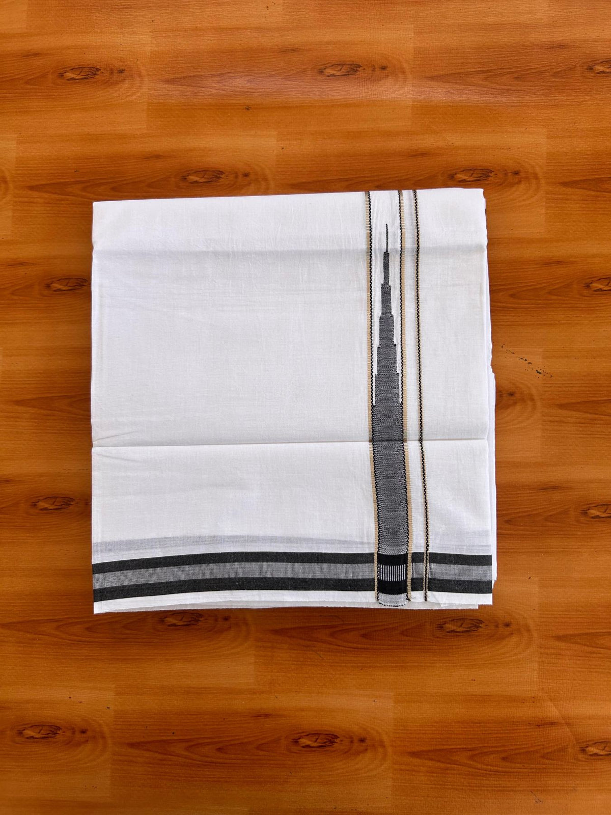 Pure white Double Mundu/Dhoti - 23% Discount! KaithariKada 100% Cotton - 100X80 - 0.75 inch Silver Kasav Black One Side Chutty Kara - 3.90 mtr (8.5 muzham) - 4 KK5528 VAS