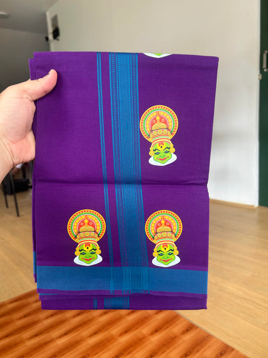 Single Kaily / Lungi- 20% Discount !! Kaitharikada - Pure Cotton - (40s) - 1.25 inch Peacock Blue Striped Kadhakali Printed Design Kara with Deep Violet colour Body (2 meter / 4 muzham) - 20 KK8059 GAN
