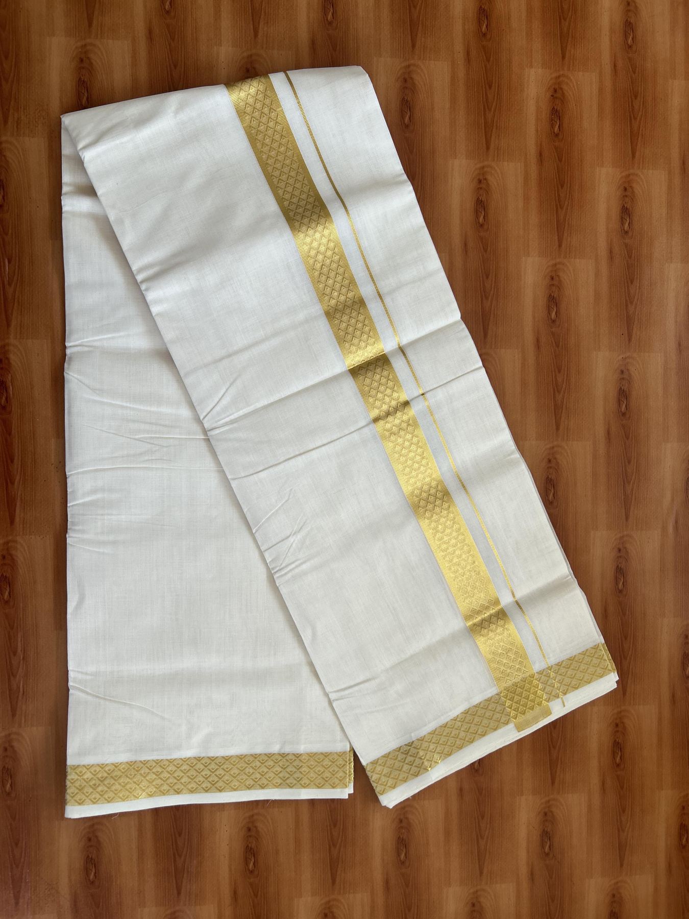 25% Discount ! KaithariKada Kerala Handloom Millpaav  - 100% Pure Cotton Off White- (Unbleached) Double Mundu/Dhoti - 80x90 - 1.5 inch Gold Kasav Jacquard Design Kara 4 mtr (8.5 Muzham) - 39 KK5383 RAM