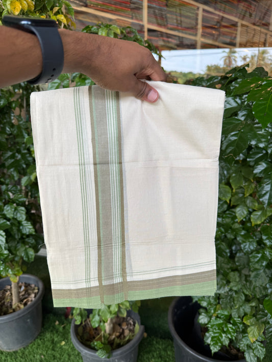 20% Discount! KaithariKada Balaramapuram 100% Cotton Off white Double Mundu/Dhoti - (100x80)S - 1.5 inch Sage Green & Mint Green Shaded & Striped Kara - 4mtr (8.5muzham) - 103 KK5255 VAS