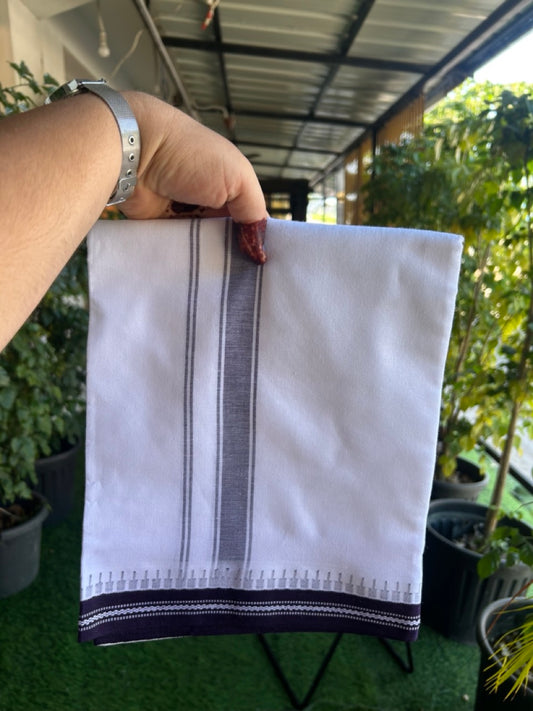 Premium Kathar Type Mercerised Pure Cotton Single Mund Kaitharikada Special - Kaily / Lungi -  1 inch Dark Purple Striped kara White Body Kuppadam Border (2 meter / 4 muzham) - 4 KK8034 MUT