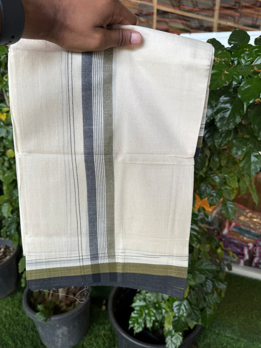 20% Discount! KaithariKada Balaramapuram 100% Cotton Off white Double Mundu/Dhoti - (100x80)S - 1.5 inch Olive Green & Black Shaded & Striped Kara - 4mtr (8.5muzham) - 102 KK5255 VAS