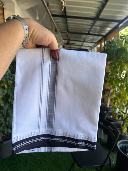Premium Kathar Type Mercerised Pure Cotton Single Mund Kaitharikada Special - Kaily / Lungi -  1 inch Dark Navy Blue Striped kara White Body Kuppadam Border (2 meter / 4 muzham) - 3 KK8034 MUT