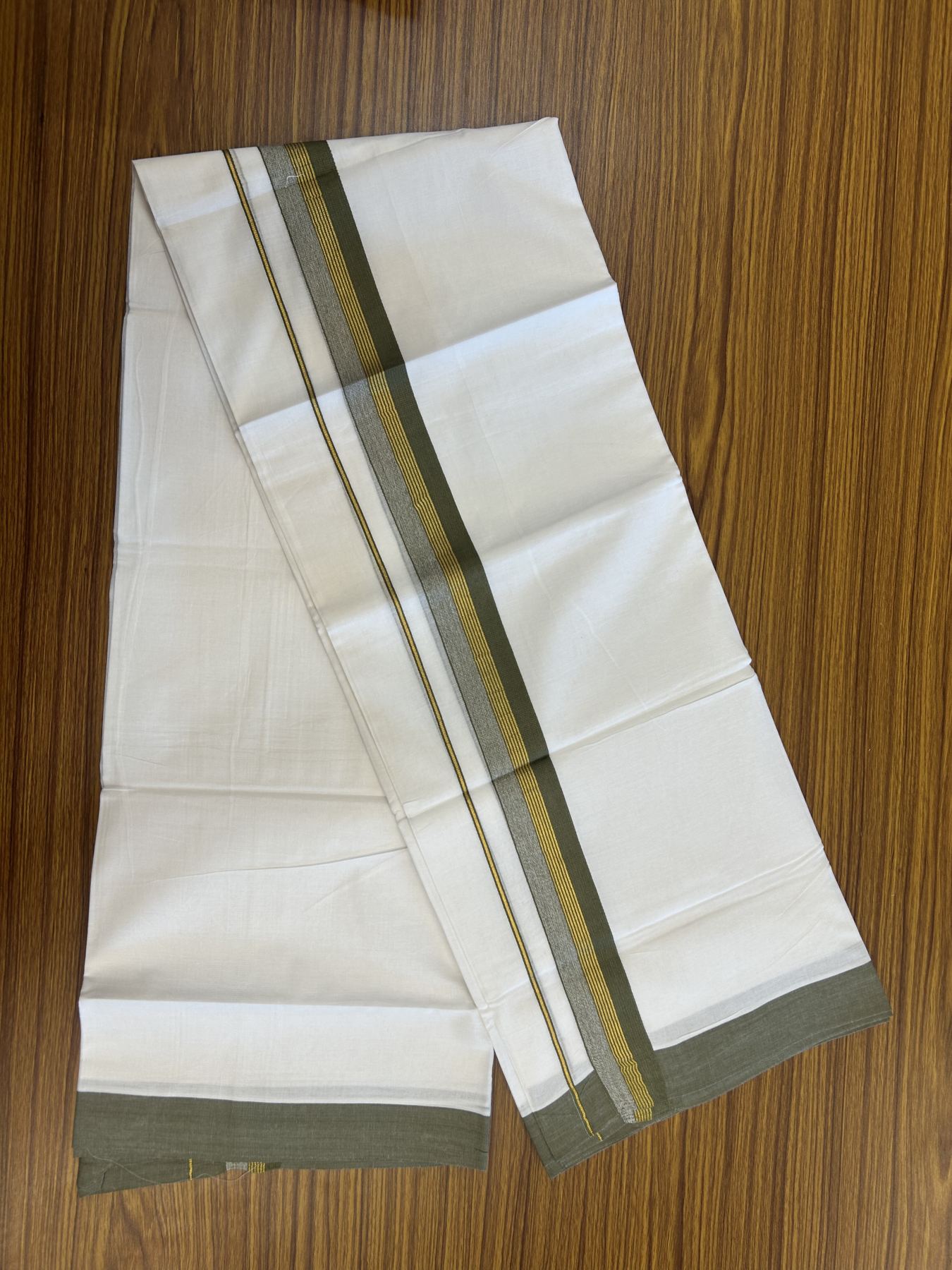 20% Discount! KaithariKada Balaramapuram 100% Cotton Double Pure white Mundu/Dhoti- 100x80 - 1.5 inch Gold Kasav & Olive Green Stripes kara 3.75 mtr (8 muzham) - 43 KK5315 VAS