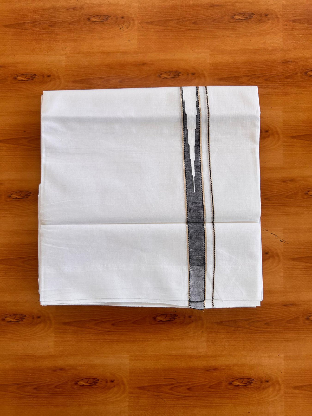 Pure white Double Mundu/Dhoti - 23% Discount! KaithariKada 100% Cotton - 100X80 - 0.75 inch Silver Kasav Navy Blue One Side Chutty Kara - 3.90 mtr (8.5 muzham) - 5 KK5528 VAS
