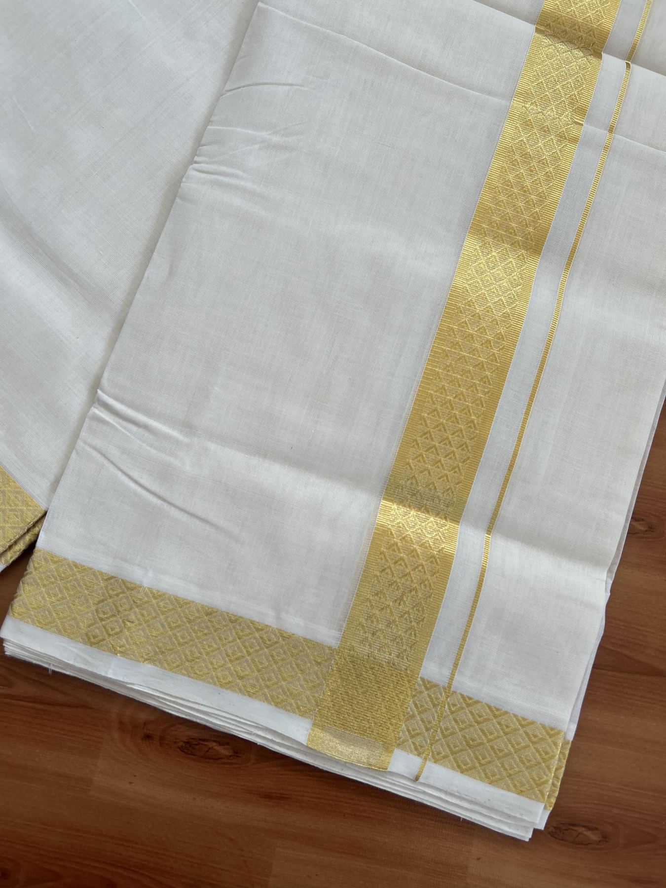 25% Discount ! KaithariKada Kerala Handloom Millpaav  - 100% Pure Cotton Off White- (Unbleached) Double Mundu/Dhoti - 80x90 - 1.5 inch Gold Kasav Jacquard Design Kara 4 mtr (8.5 Muzham) - 39 KK5383 RAM