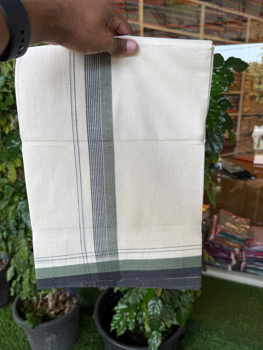 20% Discount! KaithariKada Balaramapuram 100% Cotton Off white Double Mundu/Dhoti - (100x80)S - 1.5 inch Light Green & Black Shaded & Striped Kara - 4mtr (8.5muzham) - 101 KK5255 VAS