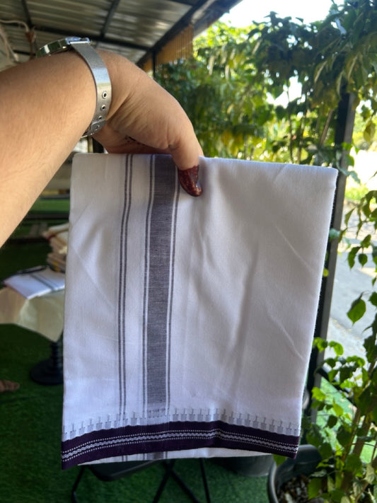 Premium Kathar Type Mercerised Pure Cotton Single Mund Kaitharikada Special - Kaily / Lungi -  1 inch Light Purple Striped kara White Body Kuppadam Border (2 meter / 4 muzham) - 2 KK8034 MUT