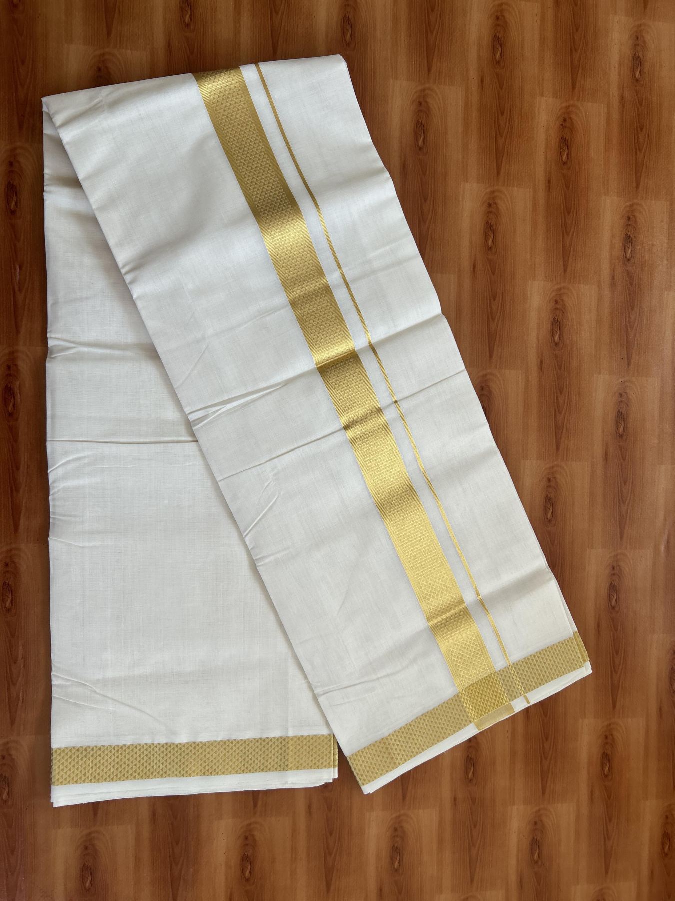 25% Discount ! KaithariKada Kerala Handloom Millpaav  - 100% Pure Cotton Off White- (Unbleached) Double Mundu/Dhoti - 80x90 - 1.5 inch Gold Kasav Jacquard Design Kara 4 mtr (8.5 Muzham) - 41 KK5383 RAM