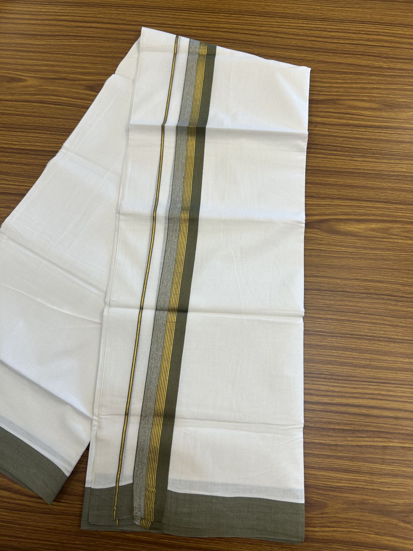 20% Discount! KaithariKada Balaramapuram 100% Cotton Double Pure white Mundu/Dhoti- 100x80 - 1.5 inch Gold Kasav & Olive Green Stripes kara 3.75 mtr (8 muzham) - 43 KK5315 VAS