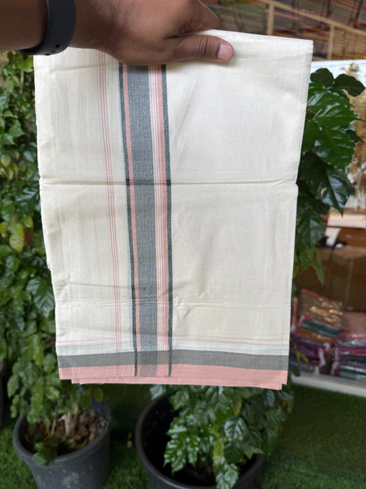 20% Discount! KaithariKada Balaramapuram 100% Cotton Off white Double Mundu/Dhoti - (100x80)S - 1.5 inch Green & Peach Shaded & Striped Kara - 4mtr (8.5muzham) - 100 KK5255 VAS