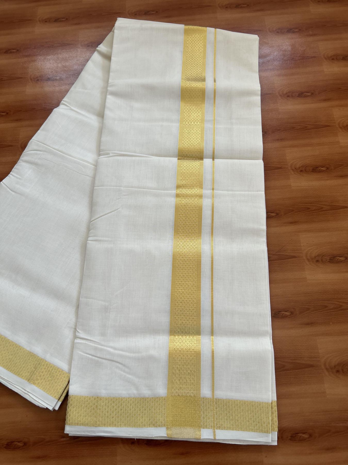 25% Discount ! KaithariKada Kerala Handloom Millpaav  - 100% Pure Cotton Off White- (Unbleached) Double Mundu/Dhoti - 80x90 - 1.5 inch Gold Kasav Jacquard Design Kara 4 mtr (8.5 Muzham) - 41 KK5383 RAM
