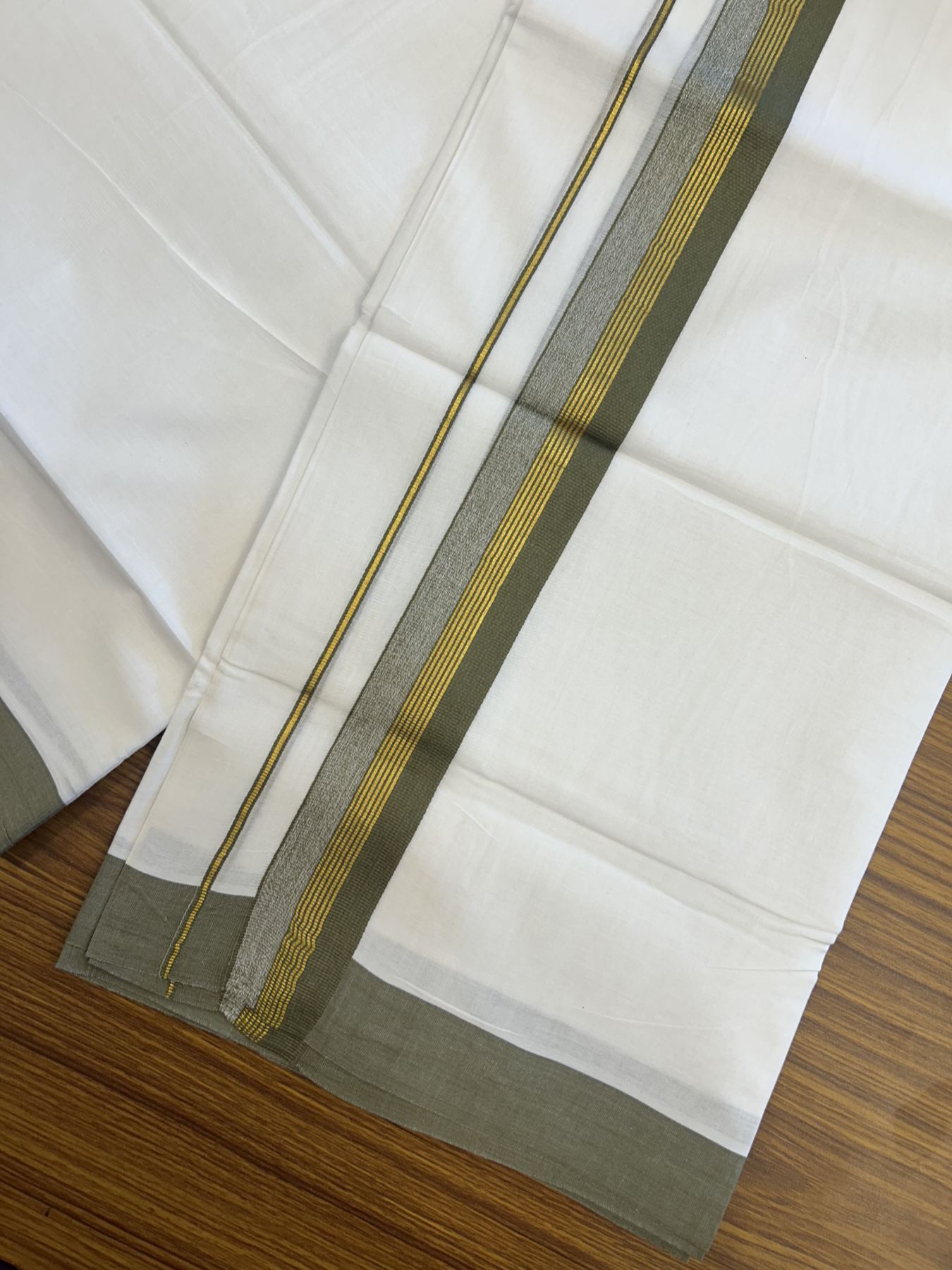 20% Discount! KaithariKada Balaramapuram 100% Cotton Double Pure white Mundu/Dhoti- 100x80 - 1.5 inch Gold Kasav & Olive Green Stripes kara 3.75 mtr (8 muzham) - 43 KK5315 VAS