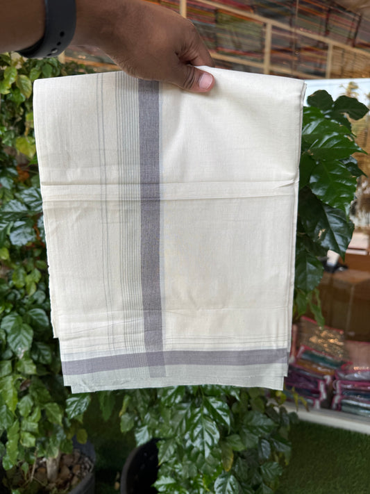 20% Discount! KaithariKada Balaramapuram 100% Cotton Off white Double Mundu/Dhoti - (100x80)S - 1.5 inch Mint Green & Grey Shaded & Striped Kara - 4mtr (8.5muzham) - 99 KK5255 VAS