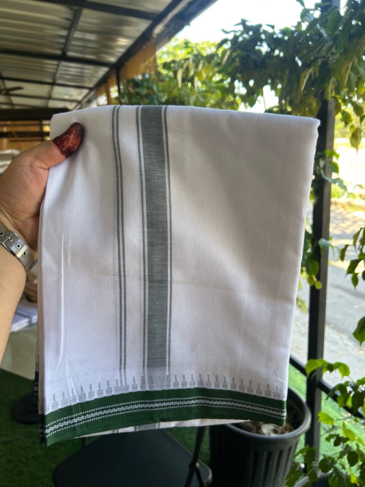 Premium Kathar Type Mercerised Pure Cotton Single Mund Kaitharikada Special - Kaily / Lungi -  1 inch Green Striped kara White Body Kuppadam Border (2 meter / 4 muzham) - 1 KK8034 MUT