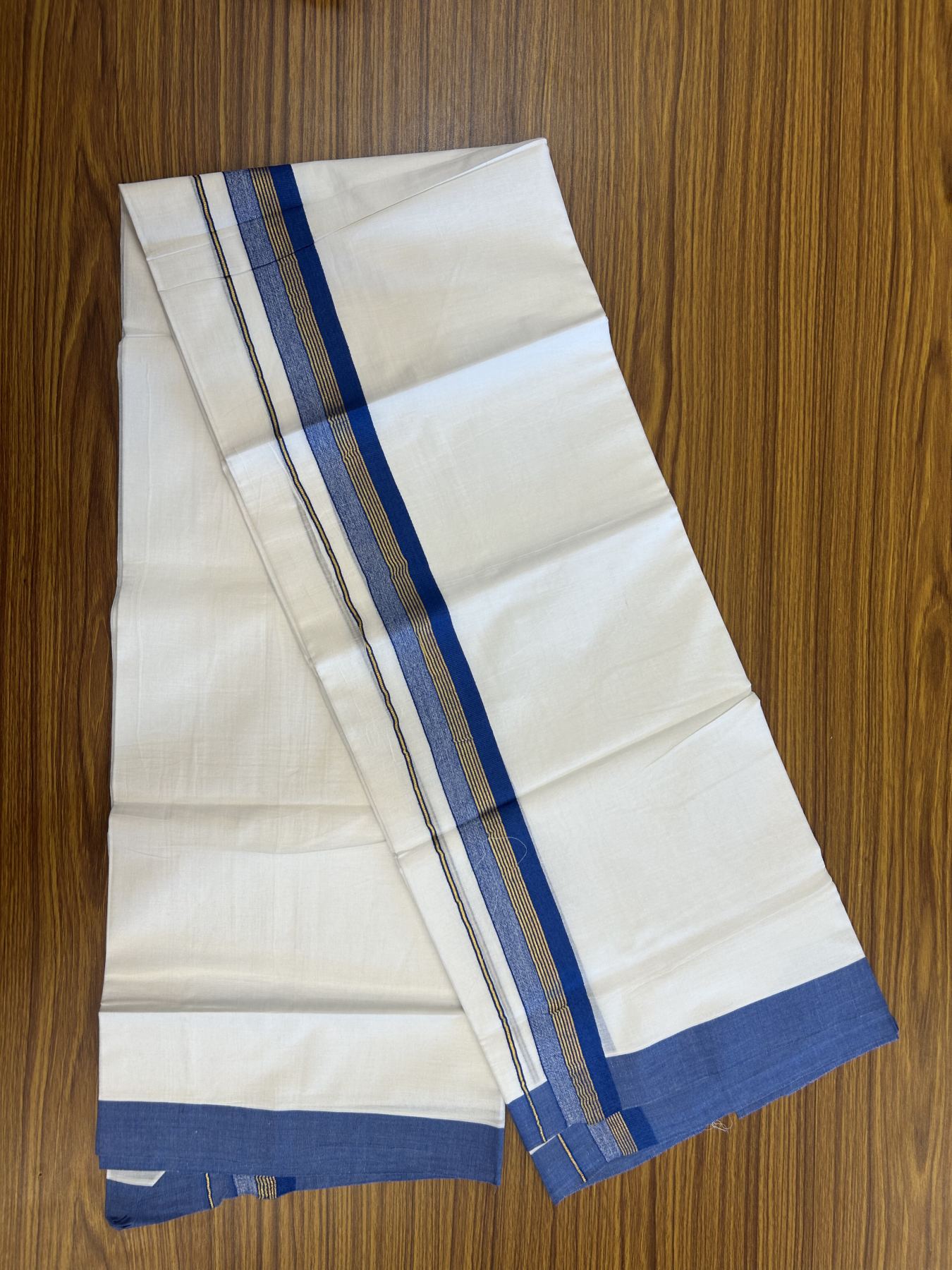 20% Discount! KaithariKada Balaramapuram 100% Cotton Double Pure white Mundu/Dhoti- 100x80 - 1.5 inch Gold Kasav & Blue Stripes kara 3.75 mtr (8 muzham) - 45 KK5315 VAS