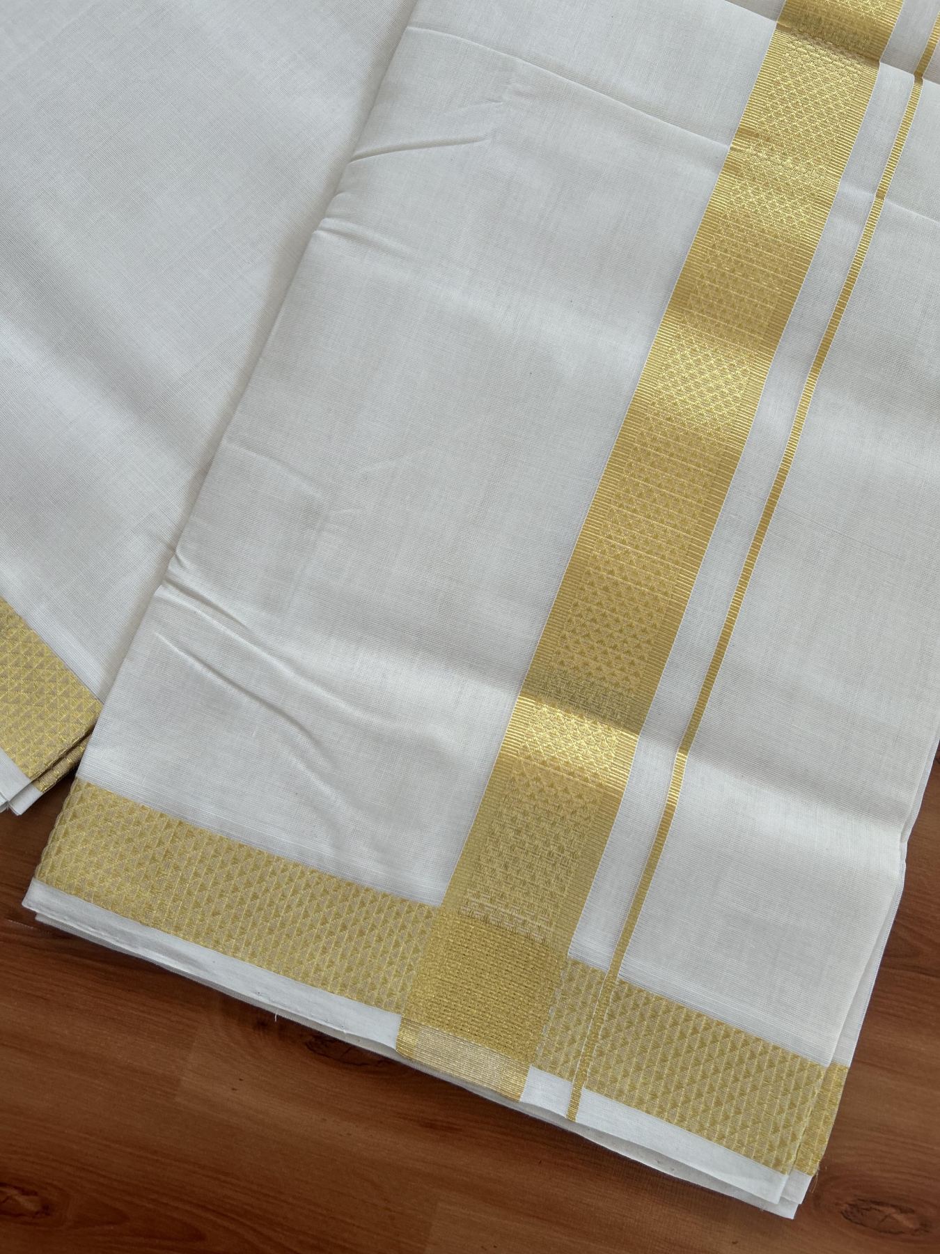 25% Discount ! KaithariKada Kerala Handloom Millpaav  - 100% Pure Cotton Off White- (Unbleached) Double Mundu/Dhoti - 80x90 - 1.5 inch Gold Kasav Jacquard Design Kara 4 mtr (8.5 Muzham) - 41 KK5383 RAM