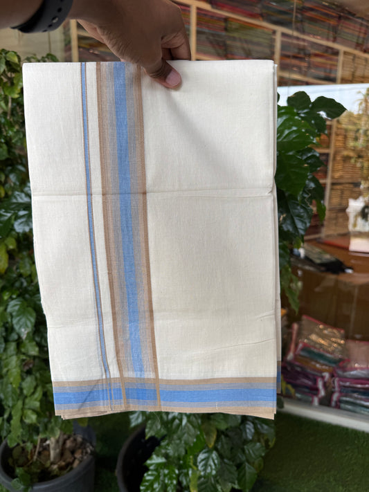 20% Discount! KaithariKada Balaramapuram 100% Cotton Off white Double Mundu/Dhoti - (100x80)S - 1.75 inch Blue & Sand Brown Shaded & Striped Kara - 4mtr (8.5muzham) - 98 KK5255 VAS