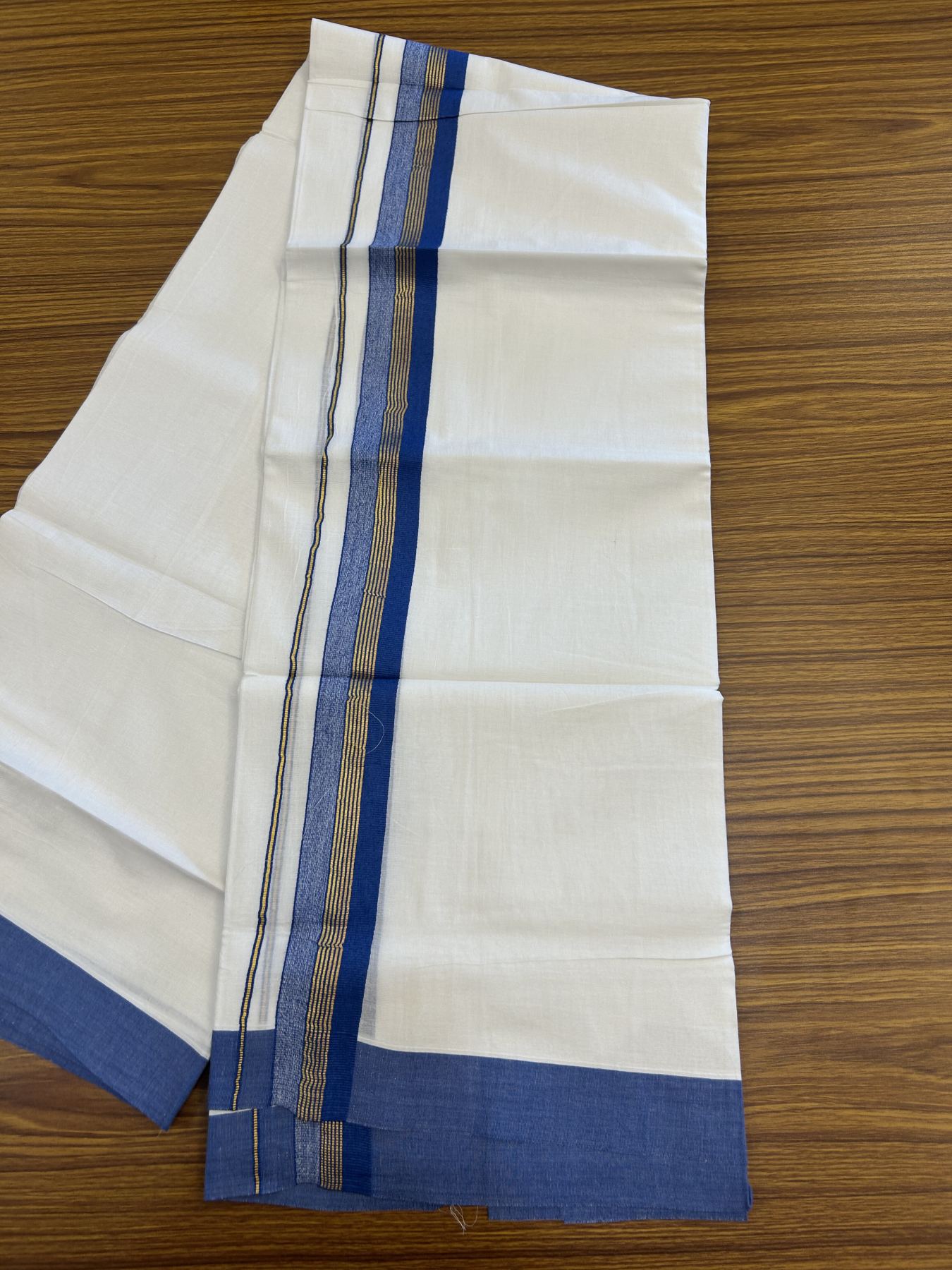 20% Discount! KaithariKada Balaramapuram 100% Cotton Double Pure white Mundu/Dhoti- 100x80 - 1.5 inch Gold Kasav & Blue Stripes kara 3.75 mtr (8 muzham) - 45 KK5315 VAS