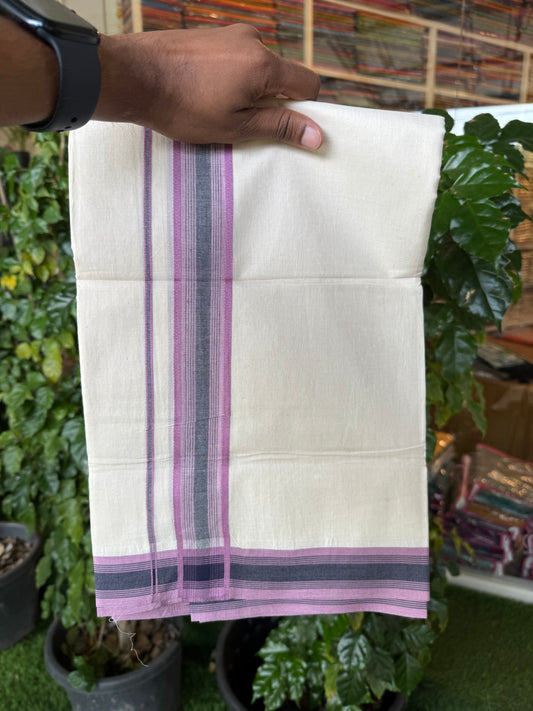 20% Discount! KaithariKada Balaramapuram 100% Cotton Off white Double Mundu/Dhoti - (100x80)S - 1.5 inch Navy Blue & Lavender Pink Shaded & Striped Kara - 4mtr (8.5muzham) - 97 KK5255 VAS