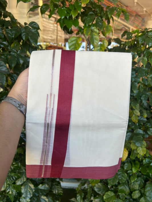 20% Discount ! KaithariKada Balaramapuram 100% Cotton Double OFF WHITE - (Unbleached) - Mundu / Dhoti- 100x80 - Puliyilakkara 1.5 inch Silver kasavu & Maroon striped chutty Kara - 3 KK5273 VIN