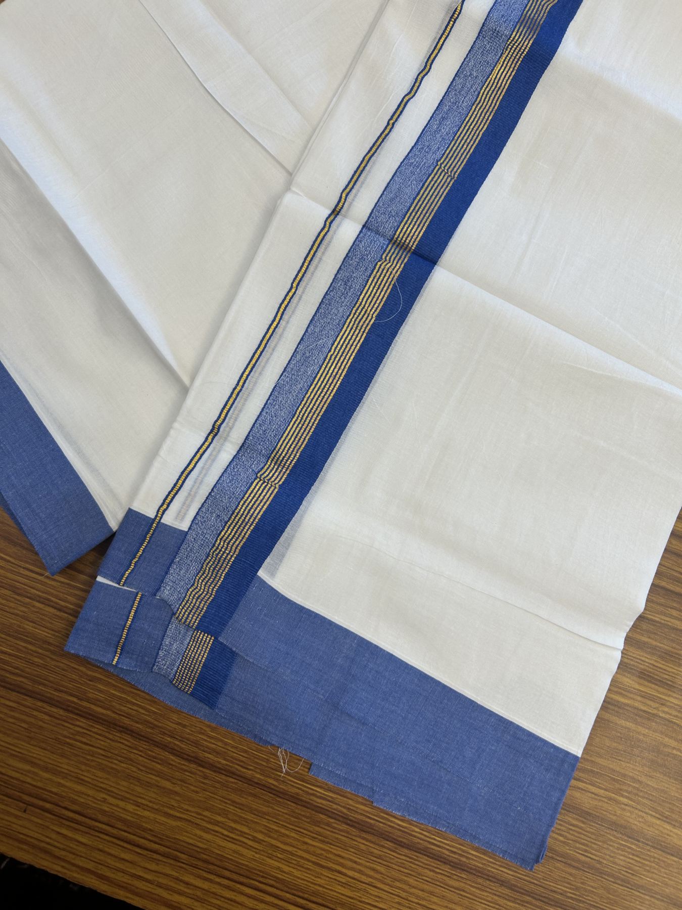 20% Discount! KaithariKada Balaramapuram 100% Cotton Double Pure white Mundu/Dhoti- 100x80 - 1.5 inch Gold Kasav & Blue Stripes kara 3.75 mtr (8 muzham) - 45 KK5315 VAS