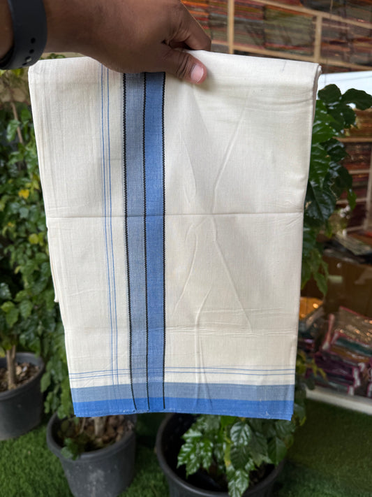 20% Discount! KaithariKada Balaramapuram 100% Cotton Off white Double Mundu/Dhoti - (100x80)S - 1.5 inch Blue & Black Shaded & Striped Kara - 4mtr (8.5muzham) - 96 KK5255 VAS