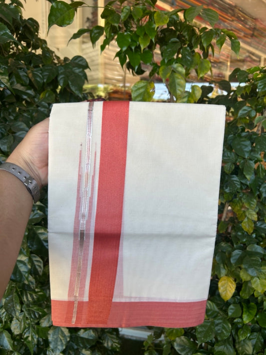 20% Discount ! KaithariKada Balaramapuram 100% Cotton Double OFF WHITE - (Unbleached) - Mundu / Dhoti- 100x80 - Puliyilakkara 1.5 inch Silver kasavu & Dark Peach striped chutty Kara - 2 KK5273 VIN