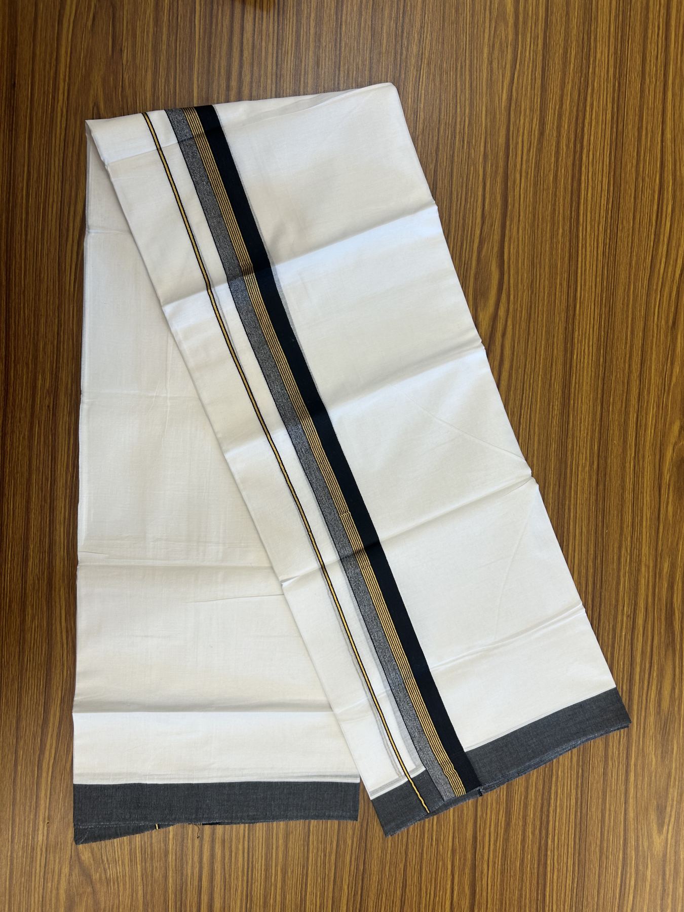 20% Discount! KaithariKada Balaramapuram 100% Cotton Double Pure white Mundu/Dhoti- 100x80 - 1.5 inch Gold Kasav & Black Stripes kara 3.75 mtr (8 muzham) - 42 KK5315 VAS