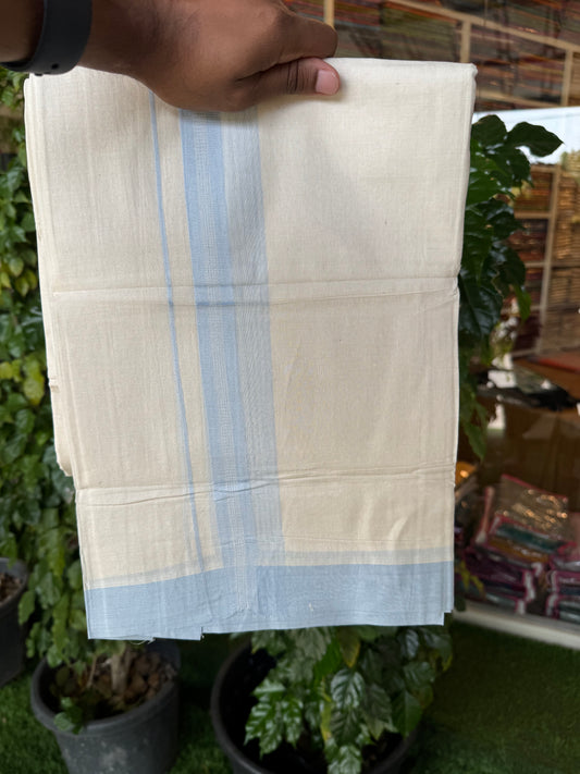 20% Discount! KaithariKada Balaramapuram 100% Cotton Off white Double Mundu/Dhoti - (100x80)S - 1.75 inch Sky Blue Shaded & Striped Kara - 4mtr (8.5muzham) - 95 KK5255 VAS