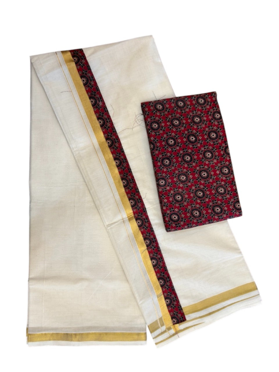 26% DISCOUNT ! KaithariKada Balaramapuram 100% Cotton Double OFF WHITE (Unbleached) Mundu/Dhoti (80X72) cotton mix with Dark Maroon Kalamkari Shirt Material combo - 10KK5243 PMC