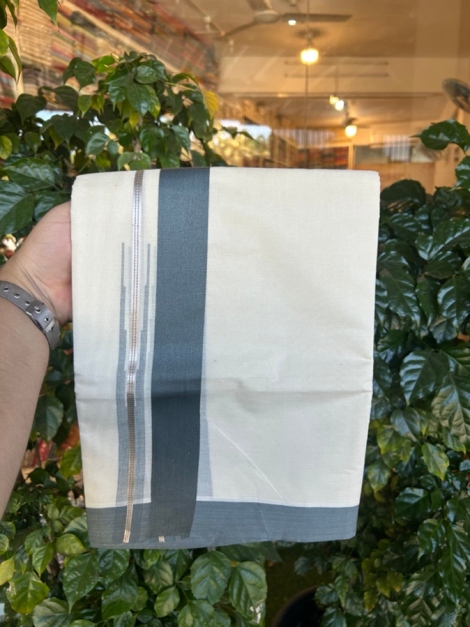 20% Discount ! KaithariKada Balaramapuram 100% Cotton Double OFF WHITE - (Unbleached) - Mundu / Dhoti- 100x80 - Puliyilakkara 1.5 inch Silver kasavu & Dark Ash Grey striped chutty Kara - 1 KK5273 VIN