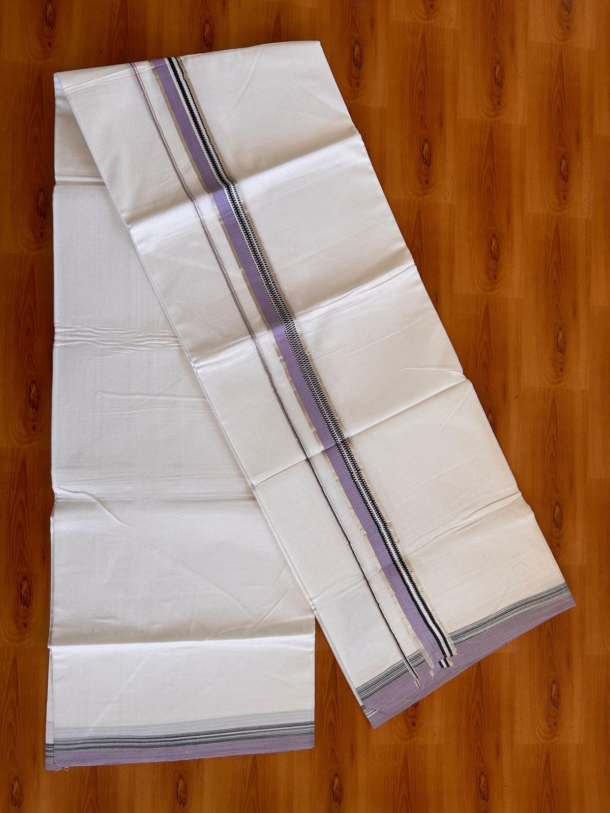 Double Pure White Mundu/ Dhoti - 20% Discount ! Kaitharikada Balaramapuram 100% Cotton 100x80 - 0.75 inch Silver Kasav, SageGreen ,Violet & White Design Kara 3.90 mtr (8 muzham) - 9 KK5528 VAS
