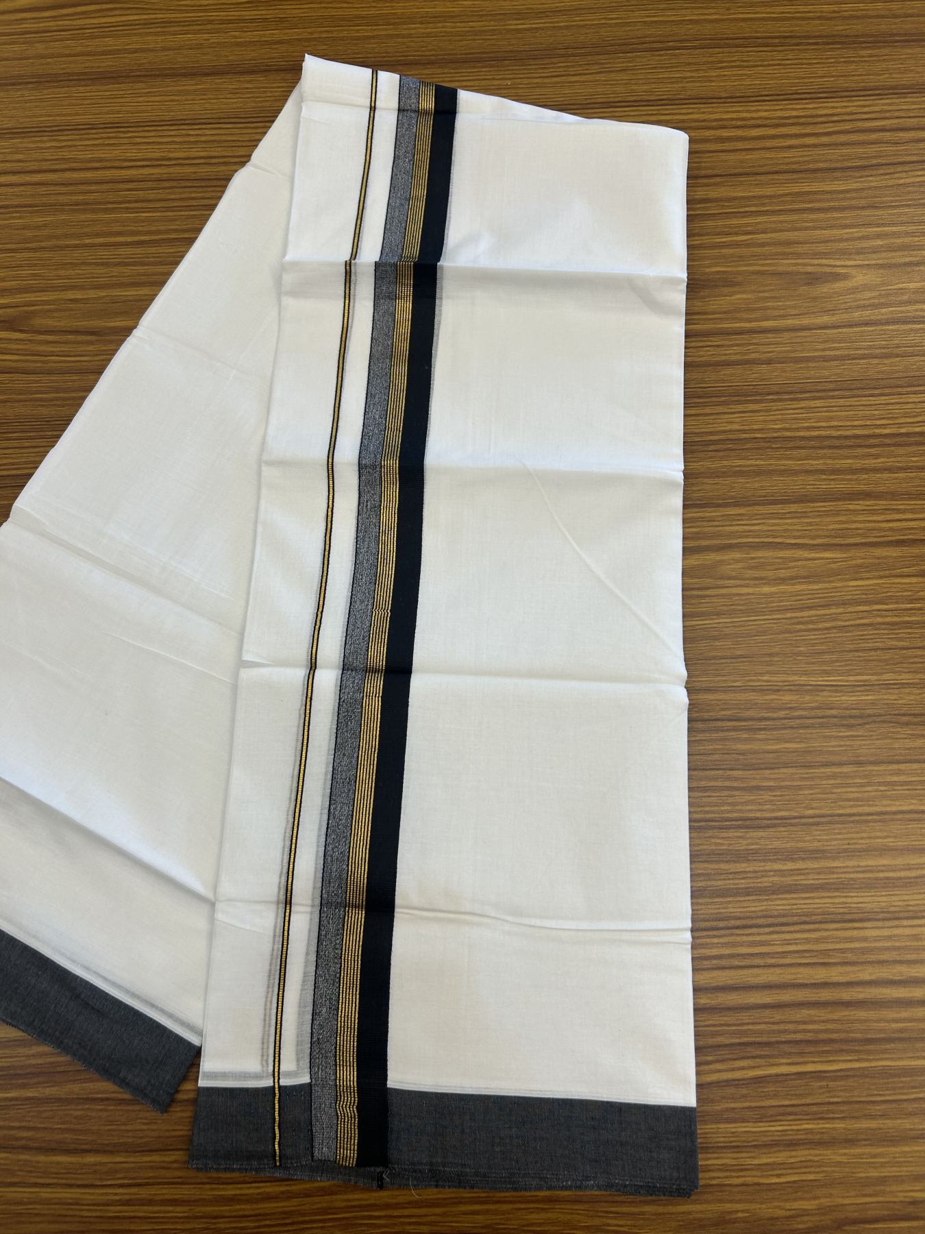 20% Discount! KaithariKada Balaramapuram 100% Cotton Double Pure white Mundu/Dhoti- 100x80 - 1.5 inch Gold Kasav & Black Stripes kara 3.75 mtr (8 muzham) - 42 KK5315 VAS