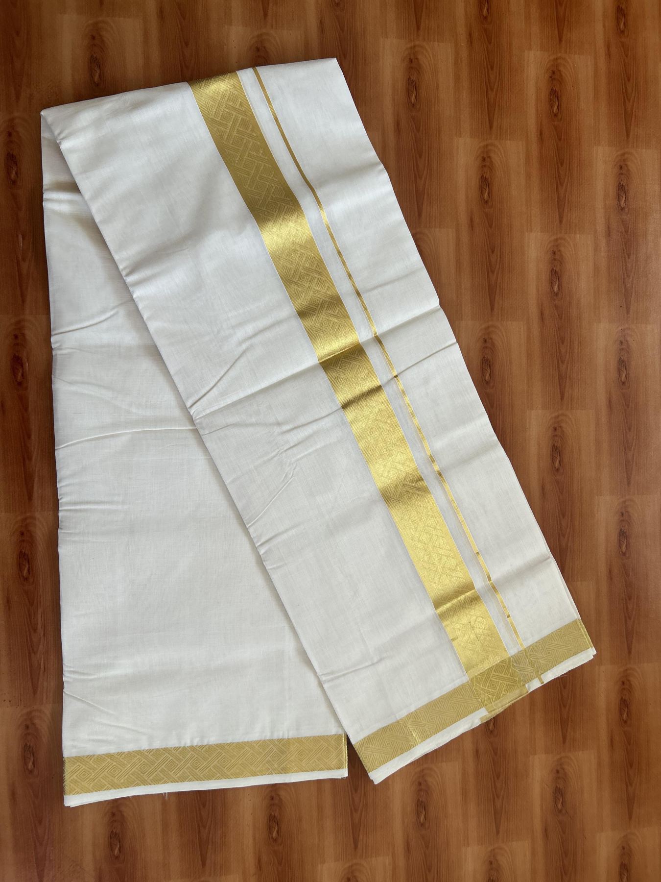 25% Discount ! KaithariKada Kerala Handloom Millpaav  - 100% Pure Cotton Off White- (Unbleached) Double Mundu/Dhoti - 80x90 - 1.75 inch Gold Kasav Jacquard Design Kara 4 mtr (8.5 Muzham) - 42 KK5383 RAM