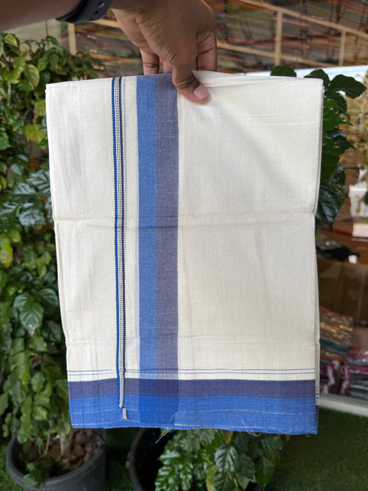 20% Discount! KaithariKada Balaramapuram 100% Cotton Off white Double Mundu/Dhoti - (100x80)S - 1.5 inch Navy Blue & Blue Shaded Kara - 4mtr (8.5muzham) - 94 KK5255 VAS