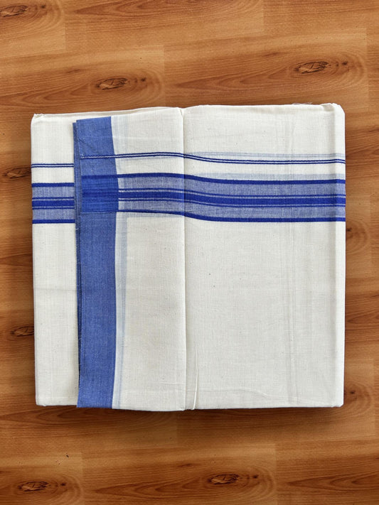 Double Off White (Unbleached) Mundu/Dhoti - 20% Discount! KaithariKada Pure Cotton - 60s - 1.25 inch Blue Shaded Striped Kara 4 mtr (8.5 Muzham) - 69 KK5460 PMC