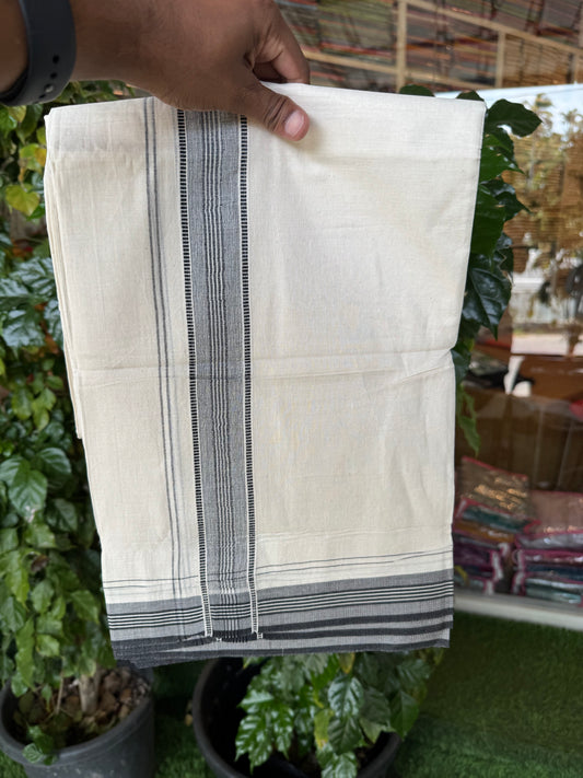 20% Discount! KaithariKada Balaramapuram 100% Cotton Off white Double Mundu/Dhoti - (100x80)S - 1.5 inch Black Shaded Striped Kara - 4mtr (8.5muzham) - 93 KK5255 VAS