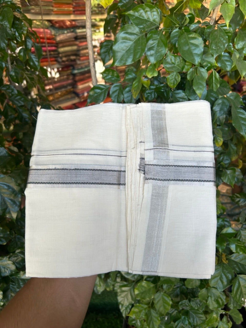 25% DISCOUNT! KaithariKada BALARAMAPURAM HANDLOOM UNAKKUPAAV - 100% PURE Cotton Off white (Unbleached) Double Mundu/Dhoti - 1.25 inch Silver Kasavu & Muthukkuri Black Striped Kara (8.5 Muzham) - 5 KK5272 YAR