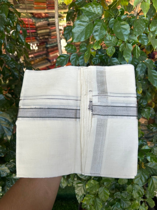 25% DISCOUNT! KaithariKada BALARAMAPURAM HANDLOOM UNAKKUPAAV - 100% PURE Cotton Off white (Unbleached) Double Mundu/Dhoti - 1.25 inch Silver Kasavu & Muthukkuri Black Striped Kara (8.5 Muzham) - 5 KK5272 YAR