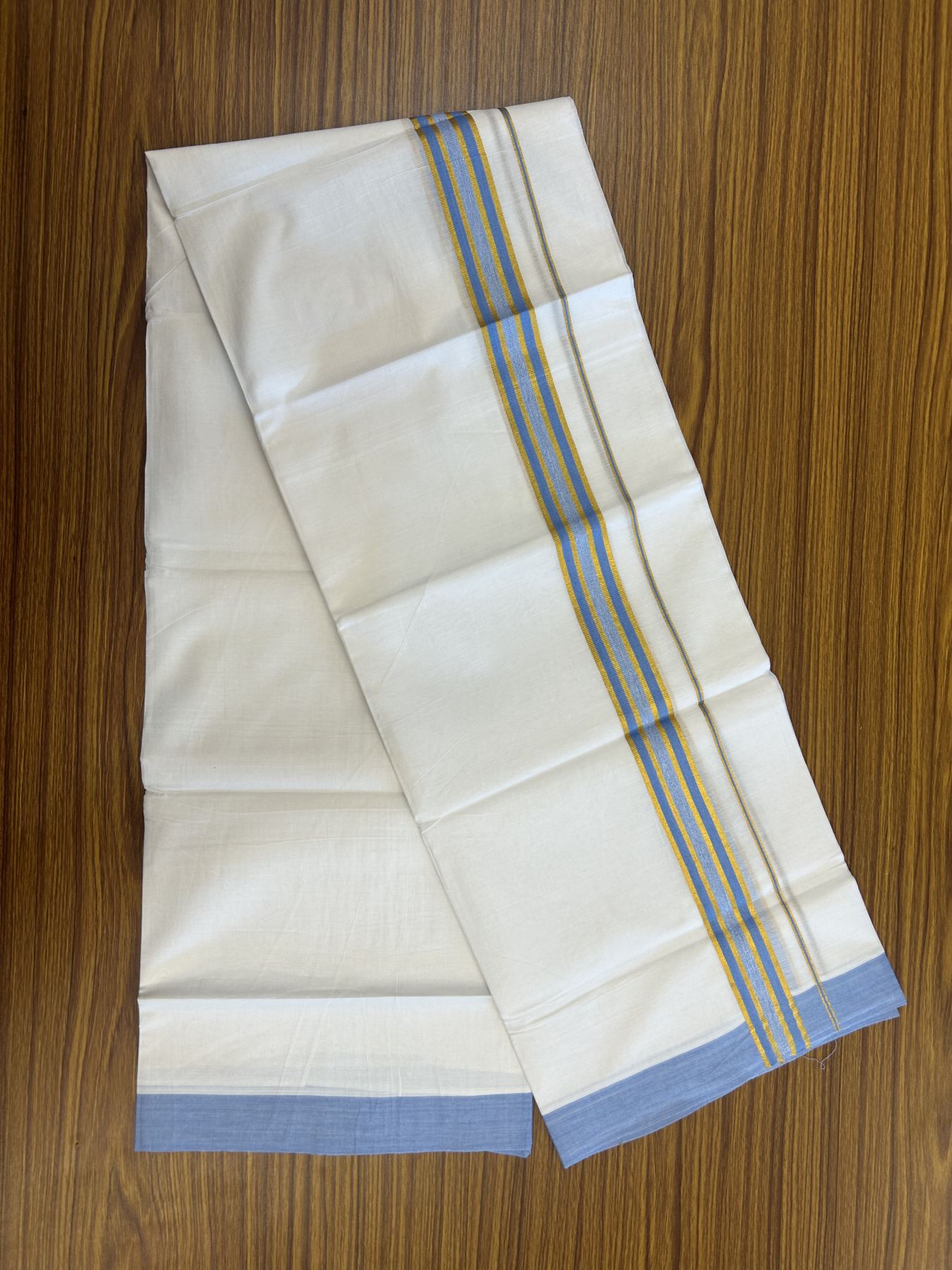 20% Discount! KaithariKada Balaramapuram 100% Cotton Double Pure white Mundu/Dhoti- 100x80 - 1.25 inch Gold Kasav & Sky Blue kara 3.75 mtr ( 8 muzham) - 8 KK5315 VAS