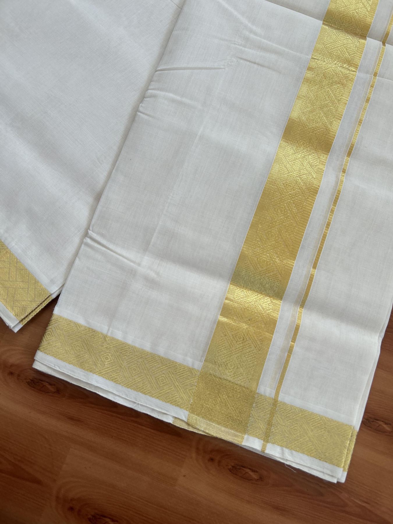 25% Discount ! KaithariKada Kerala Handloom Millpaav  - 100% Pure Cotton Off White- (Unbleached) Double Mundu/Dhoti - 80x90 - 1.75 inch Gold Kasav Jacquard Design Kara 4 mtr (8.5 Muzham) - 42 KK5383 RAM
