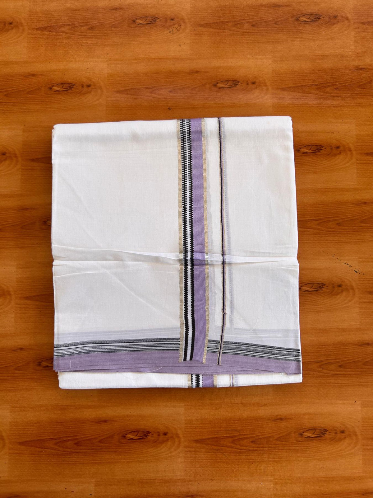 Double Pure White Mundu/ Dhoti - 20% Discount ! Kaitharikada Balaramapuram 100% Cotton 100x80 - 0.75 inch Silver Kasav, SageGreen ,Violet & White Design Kara 3.90 mtr (8 muzham) - 9 KK5528 VAS