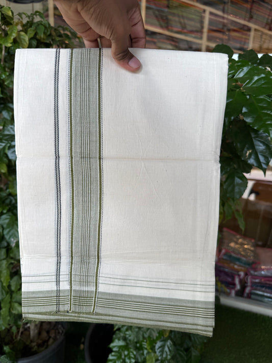 20% Discount! KaithariKada Balaramapuram 100% Cotton Off white Double Mundu/Dhoti - (100x80)S - 1.5 inch Olive Green Shaded Striped Kara - 4mtr (8.5muzham) - 92 KK5255 VAS