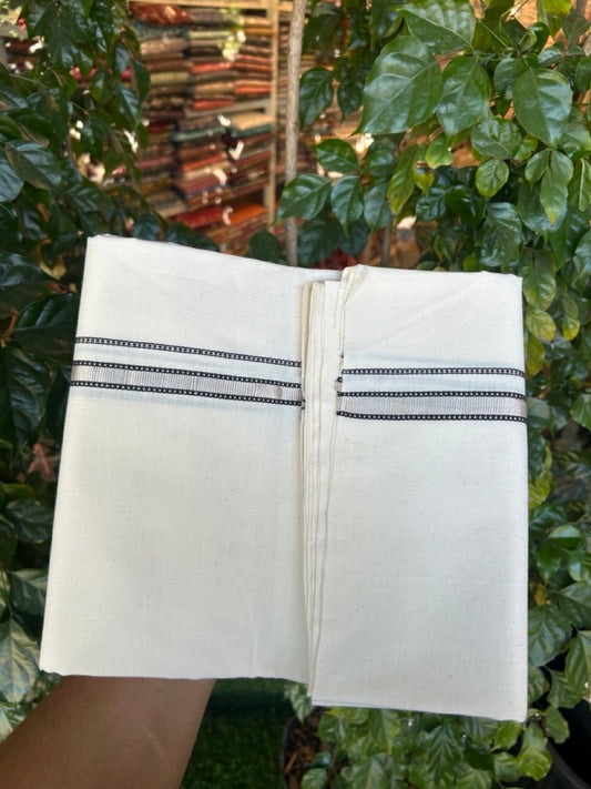 25% DISCOUNT!! SIGNATURE KAITHARIKADA EXCLUSIVE SINGLE DHOTI - 100% Cotton Balaramapuram HANDLOOM Single Mundu/Dhoti - Off White (Unbleached) 0.5 inch Silver Kasav & Black Design Kara (2 meter / 4 muzham) - 7 KK5272 KAI