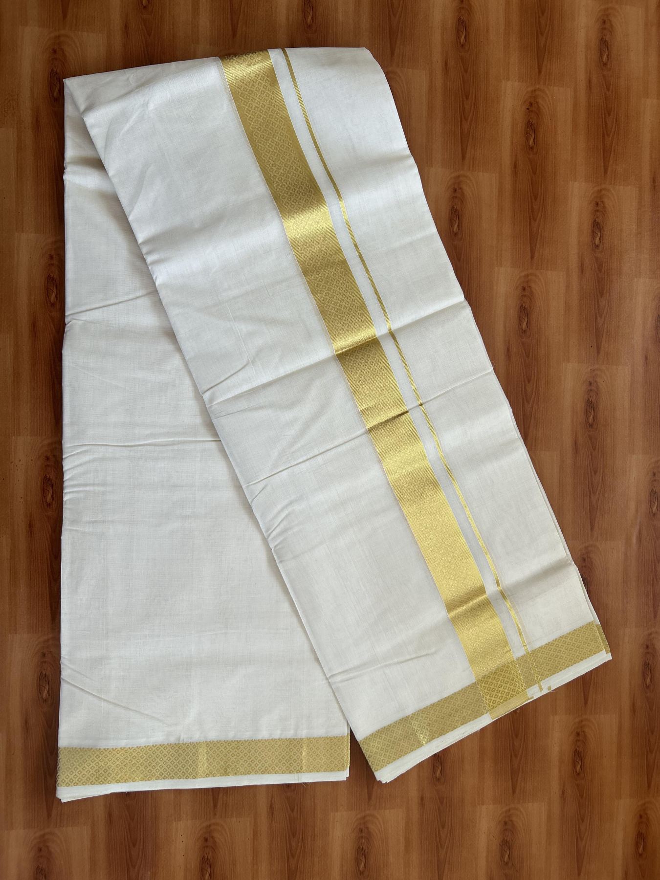 25% Discount ! KaithariKada Kerala Handloom Millpaav  - 100% Pure Cotton Off White- (Unbleached) Double Mundu/Dhoti - 80x90 - 1.75 inch Gold Kasav Jacquard Design Kara 4 mtr (8.5 Muzham) - 38 KK5383 RAM