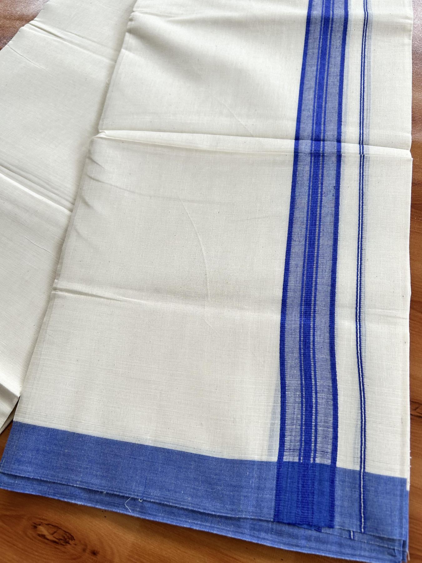 Double Off White (Unbleached) Mundu/Dhoti - 20% Discount! KaithariKada Pure Cotton - 60s - 1.25 inch Blue Shaded Striped Kara 4 mtr (8.5 Muzham) - 69 KK5460 PMC