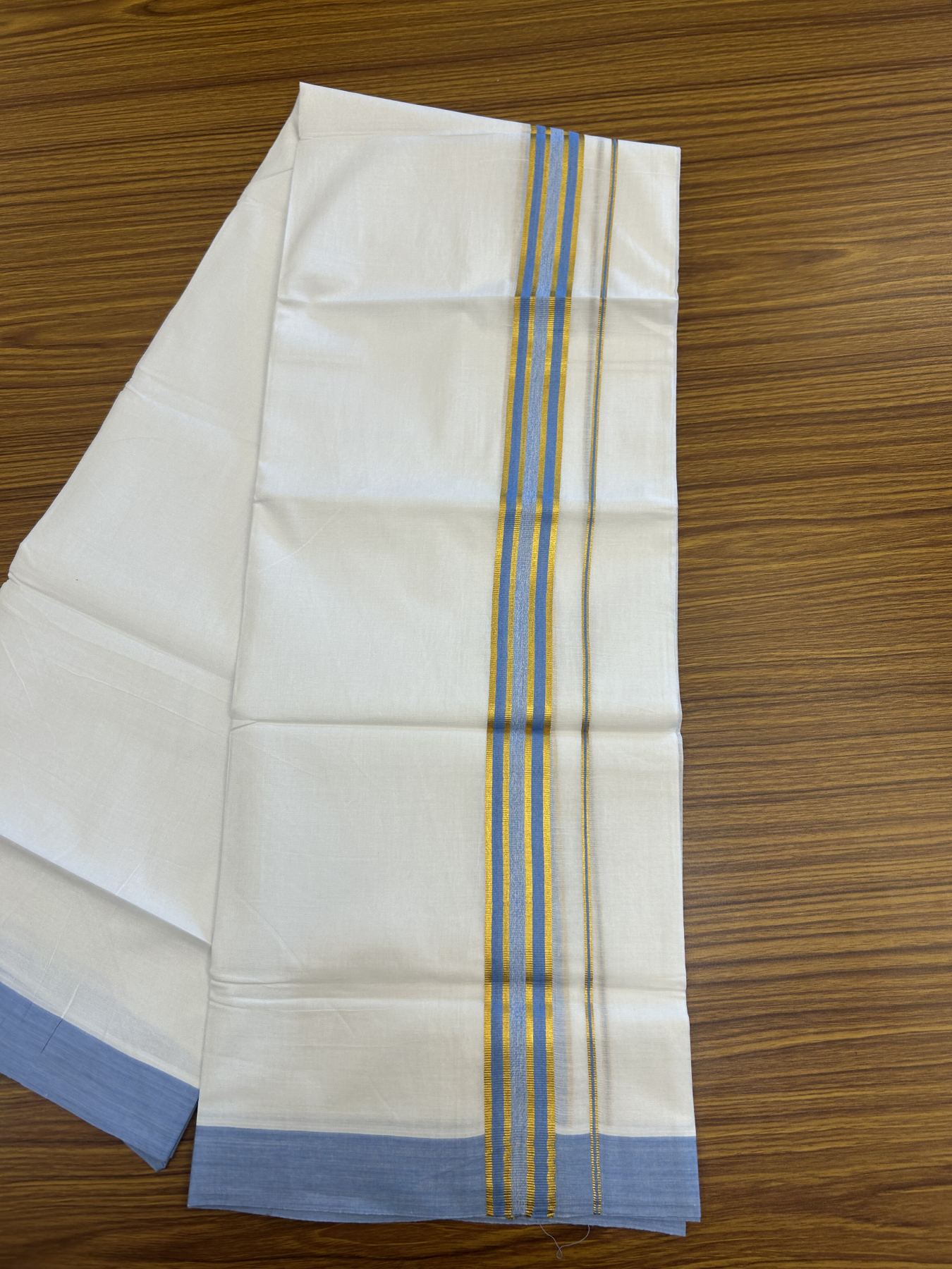 20% Discount! KaithariKada Balaramapuram 100% Cotton Double Pure white Mundu/Dhoti- 100x80 - 1.25 inch Gold Kasav & Sky Blue kara 3.75 mtr ( 8 muzham) - 8 KK5315 VAS